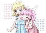  2girls :d :o =_= ahoge aozora_himari bare_shoulders blonde_hair blue_dress blue_eyes blunt_bangs bow bracelet closed_eyes commentary_request dress flying_sweatdrops hair_bow hand_on_another&#039;s_head hand_on_another&#039;s_waist hand_up headpat himitsu_no_aipri hoshikawa_mitsuki jewelry leaning_forward looking_at_another multiple_girls open_mouth pink_bow pink_hair plaid plaid_dress pq_(pq_owo) pretty_series rubbing_eyes short_hair sleepy sleeveless sleeveless_dress smile squeans tears twintails upper_body 