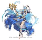  1girl asymmetrical_legwear axe azura_(fire_emblem) barefoot blue_hair dress elbow_gloves fake_horns fingerless_gloves fire_emblem fire_emblem_fates fire_emblem_heroes full_body gloves hair_between_eyes hairband horned_headwear horns jewelry juliet_sleeves long_hair long_sleeves official_art puffy_sleeves simple_background smile solo teffish veil very_long_hair white_veil yellow_eyes 