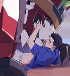  2boys ao_isami black_hair blush bravern duruko facial_hair feet_out_of_frame french_kiss kiss male_focus mecha multiple_boys official_alternate_costume open_clothes open_shirt robot sideburns_stubble size_difference stubble super_robot thick_eyebrows tongue tongue_out yaoi yuuki_bakuhatsu_bang_bravern 