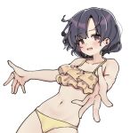  1girl :d aa211108 bare_shoulders bikini black_hair blush brown_eyes collarbone cowboy_shot dot_nose forehead frilled_bikini frilled_bikini_top frills idolmaster idolmaster_cinderella_girls looking_at_viewer messy_hair navel open_hands open_mouth outstretched_arms parted_bangs shiragiku_hotaru short_hair simple_background smile solo swimsuit white_background yellow_bikini 