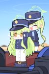 absurdres armband black_tail blue_archive blue_armband carrying carrying_person emfldzm159 gloves green_hair green_halo halo hat highres hikari_(blue_archive) lifting_person long_hair longcat_(meme) meme nozomi_(blue_archive) peaked_cap pointy_ears train_conductor twintails white_gloves 