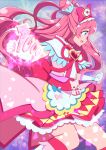  1girl absurdres apron back_bow bow brooch choker clenched_hands commentary cone_hair_bun cure_precious delicious_party_precure double_bun dress earrings frown gloves hair_bow hair_bun heart heart_brooch highres huge_bow jewelry kneehighs kome-kome_(precure) long_hair looking_to_the_side magical_girl nagomi_yui open_mouth pink_dress pink_hair precure purple_eyes red_bow red_choker short_dress socks solo sparkle standing toon_(noin) two_side_up waist_apron white_gloves 
