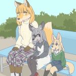 1:1 anthro bat-eared_fox bench canid canine clothed clothing dress ekaki510 female fennec_fox fox group kemono mammal red_fox size_difference sweater topwear trio true_fox