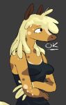 2023 anthro black_clothing black_shirt black_tank_top black_topwear blonde_hair breasts brown_body clothed clothing crossed_arms equid equine female grey_background hair half-length_portrait hi_res horse kitapult mammal multicolored_body orange_body portrait shirt simple_background small_breasts solo tail tan_body tank_top text three-quarter_view topwear