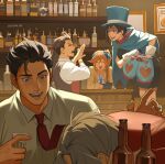  2girls 3boys ace_attorney apollo_justice athena_cykes bar_(place) black_hair bloomers blue_eyes blue_hat blue_ribbon brown_hair collared_shirt cup drink etceteraart grey_hair hat highres holding holding_bloomers holding_cup indoors jacket jewelry miles_edgeworth multiple_boys multiple_girls necklace necktie necktie_in_pocket open_mouth phoenix_wright red_jacket red_necktie ribbon shirt side_ponytail teeth top_hat trucy_wright vest white_shirt x_arms 