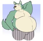 anthro beastars belly big_belly brown_nose canid canine canis fur grey_body grey_fur hand_behind_back hidi legoshi_(beastars) looking_at_viewer male mammal navel overweight overweight_anthro overweight_male rumbling_stomach shirtless shirtless_anthro shirtless_male tail wolf
