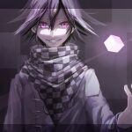  1boy black_scarf buttons checkered_clothes checkered_scarf commentary_request cube danganronpa_(series) danganronpa_v3:_killing_harmony double-breasted fingernails glowing grin hair_between_eyes jacket letterboxed long_sleeves looking_at_viewer male_focus nagichiro oma_kokichi outstretched_hand pink_eyes purple_background purple_eyes purple_theme scarf short_hair simple_background smile solo straight-on two-tone_scarf upper_body white_jacket white_scarf white_sleeves 