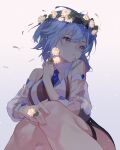  1girl alternate_costume bare_shoulders blue_hair commentary_request eula_(genshin_impact) flower genshin_impact head_wreath highres long_sleeves oriori_0201 parted_lips shirt sitting solo thigh_strap white_flower white_shirt 