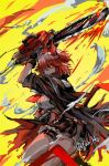  1girl animal_ears arknights bird_ears bird_girl black_jacket black_skirt chainsaw fiammetta_(arknights) gloves huge_weapon jacket nejikyuu red_eyes red_hair shirt skirt smoke weapon white_shirt yellow_background 