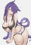  1girl absurdres acheron_(honkai:_star_rail) animal_ears bare_legs bare_shoulders blush breasts cat_ears cat_tail cleavage hair_over_one_eye highres honkai:_star_rail honkai_(series) long_hair navel neck open_mouth paw_pose purple_eyes purple_hair short_shorts shorts tail thighs very_long_hair wawamachi_(wawamachis) white_background white_shorts 