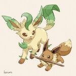 brown_eyes eevee english_text leaf leafeon looking_at_another matsuri_(matsuike) mouth_hold no_humans open_mouth pokemon pokemon_(creature) running simple_background smile stick white_background 