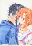  2girls asanagi_yori black_hair blue_jacket blush closed_mouth colored_pencil_(medium) commentary hashtag-only_commentary highres jacket jewelry kino_himari multiple_girls nape necklace orange_eyes orange_hair ritsu_tainaka sasayaku_you_ni_koi_wo_utau shirt short_hair short_ponytail sidelocks traditional_media upper_body white_background white_shirt yuri 