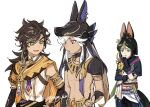  3boys 6tepe_v_v animal_ear_fluff animal_ears animal_hat black_choker black_gloves black_hair black_hat brown_hair choker cyno_(genshin_impact) dark-skinned_male dark_skin flower fox_boy fox_ears fox_tail genshin_impact gloves green_eyes green_hair hat male_focus multicolored_hair multiple_boys open_mouth red_eyes sethos_(genshin_impact) simple_background tail tighnari_(genshin_impact) twitter_username white_background white_hair yellow_flower 