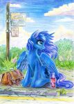  2022 bag blue_body blue_eyes blue_feathers blue_fur blue_hair bus_stop bus_stop_sign colored_pencil_(artwork) cutie_mark equid equine eyelashes feathered_wings feathers female friendship_is_magic fur hair hasbro hi_res horn horse looking_away mammal maytee multicolored_hair my_little_pony pony portrait princess_luna_(mlp) rainbow_hair signature sitting sky soda_bottle solo three-quarter_portrait traditional_media_(artwork) vacation winged_unicorn wings 