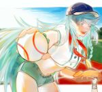  1girl ball baseball_bat baseball_field baseball_mitt braid breasts crop_top fate/grand_order fate_(series) green_eyes highres holding holding_ball itsumo133 kukulkan_(fate) looking_at_viewer midriff navel shirt shorts solo underboob white_hair 