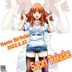  anya&#039;s_heh_face_(meme) artist_logo bangs birthday black_thighhighs blue_shorts blunt_bangs casual character_name cutoffs dated denim denim_shorts english_text girls_und_panzer hands_in_hair happy_birthday long_hair meme micro_shorts nishi_itsumi open_mouth orange_eyes orange_hair original print_shirt shirt short_sleeves shorts smile spy_x_family t-shirt takebe_saori thighhighs white_shirt zoom_layer 