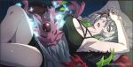  1girl arm_up armpits artist_request breasts cleavage diabellstar_the_black_witch duel_monster green_hair grey_hair large_breasts legs medium_hair multicolored_hair one_eye_closed pale_skin second-party_source snake-eyes_poplar tank_top thighs yu-gi-oh! 