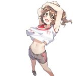  1girl :d aa211108 armpits arms_on_head blush breasts brown_hair clothes_lift collarbone dot_nose feet_out_of_frame from_above full_body groin hair_between_eyes hair_ornament hairpin idolmaster idolmaster_million_live! idolmaster_million_live!_theater_days kasuga_mirai looking_at_viewer medium_hair navel official_alternate_costume open_mouth shirt_lift shoes shorts side_ponytail sidelocks simple_background small_breasts smile sneakers solo two-tone_shirt white_background wind wind_lift yellow_eyes 