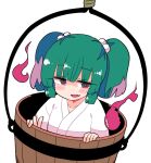  1girl blush brown_eyes bucket commentary_request fang green_hair hair_bobbles hair_ornament in_bucket in_container ini_(inunabe00) japanese_clothes kimono kisume open_mouth short_hair simple_background skin_fang smile solo touhou two_side_up white_background white_kimono 