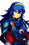  1girl armor artist_name blue_cape brand_of_the_exalt cape closed_mouth english_commentary fire_emblem fire_emblem_awakening hair_between_eyes highres long_hair long_sleeves looking_at_viewer lucina_(fire_emblem) red_cape shoulder_armor sidelocks smgold smile solo symbol_in_eye tiara two-tone_cape upper_body white_background 