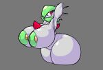 2023 areola big_breasts big_butt breasts butt crawlything digital_media_(artwork) female gardevoir generation_3_pokemon green_areola green_hair green_nipples grey_background grey_body hair hand_behind_head hi_res huge_breasts huge_butt humanoid nintendo nipple_piercing nipples piercing pokemon pokemon_(species) red_eyes simple_background solo thick_thighs