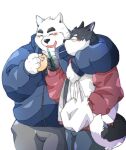  2022 anthro black_body black_nose blush canid canine canis cellphone domestic_dog duo embrace food ginsingoo1 hug kemono male mammal overweight overweight_male phone smartphone ursid white_body 