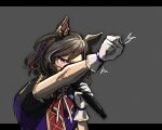  1girl animal_ears bow bowtie braid brown_hair clenched_hand gate_of_infinity_(umamusume) gloves grey_background highres holding holding_microphone horse_ears jacket kashu_ri letterboxed microphone multicolored_hair outside_border outstretched_arm pink_eyes purple_jacket short_hair short_sleeves single_braid solo streaked_hair tap_dance_city_(umamusume) umamusume upper_body white_gloves 