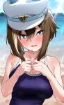  1girl absurdres animal_ears bare_shoulders blue_eyes blue_one-piece_swimsuit blue_sky blush breasts brown_hair cheval_grand_(umamusume) commentary_request ear_covers hair_between_eyes hat highres horse_ears horse_girl lens_flare medium_breasts multicolored_hair ocean one-piece_swimsuit open_mouth outdoors peaked_cap sky solo streaked_hair sweat swimsuit totoki86 tracen_swimsuit umamusume upper_body white_hair white_hat 