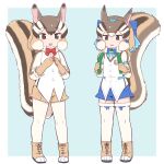  0x0082 2girls animal_ears blue_background boots bow bowtie brown_eyes brown_hair chipmunk_ears chipmunk_girl chipmunk_tail extra_ears food gloves highres kemono_friends kemono_friends_3 kemono_friends_v_project looking_at_viewer microphone multiple_girls pantyhose ribbon shirt short_hair shorts siberian_chipmunk_(kemono_friends) simple_background tail thighhighs vegetable vest virtual_youtuber 