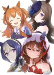  4girls :o animal_ears bare_shoulders blue_flower blue_hair blush bow bowtie braid breasts brown_hair cesario_(umamusume) closed_eyes crown_braid dress ear_bow ear_covers facing_viewer flower fur_choker hair_over_one_eye half-closed_eyes hat hat_flower highres horse_ears jacket long_hair looking_at_viewer mayano_top_gun_(umamusume) moko39_takasora multicolored_hair multiple_girls orange_hair purple_eyes purple_hat purple_shirt raised_eyebrows red_dress red_eyes rice_shower_(umamusume) sailor_collar school_uniform shirt short_hair sleeveless sleeveless_dress small_breasts smile still_in_love_(umamusume) streaked_hair tracen_school_uniform two_side_up umamusume upper_body veil white_background white_jacket 