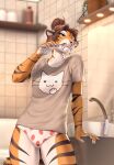  1girl alex_marx animal_ears animal_print bathroom brown_hair cat_print fangs faucet food_print furry furry_female green_eyes grey_shirt highres holding holding_toothbrush indoors looking_at_viewer orange_fur original panties print_panties print_shirt shirt short_sleeves smileeeeeee solo standing strawberry_print striped_fur tiger_ears tiger_girl tiger_stripes tile_wall tiles toothbrush toothpaste two-tone_fur underwear updo white_fur white_panties 