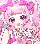  1girl :d ahoge aozora_himari blunt_bangs bow character_doll commentary_request doll earrings hair_bow hands_up himitsu_no_aipri holding holding_doll idol_clothes jewelry long_hair looking_at_viewer open_mouth pink_bow pink_hair pq_(pq_owo) pretty_series purple_eyes simple_background smile solo twintails upper_body white_background 