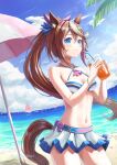  1girl bare_arms bare_shoulders bikini bikini_skirt blue_eyes blue_sky blush boat brown_hair character_request cloud commentary_request cowboy_shot criss-cross_halter cup day disposable_cup drinking_straw halterneck highres holding holding_cup long_hair looking_at_viewer othello_katze outdoors ponytail sky solo standing swimsuit tail thighs umamusume umbrella very_long_hair watercraft white_bikini 