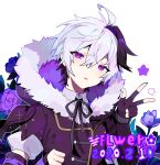  1girl ahoge androgynous arm_warmers black_hair character_name coat dated dress_shirt flower flower_(vocaloid) flower_(vocaloid4) fur_trim gloves highres hood hood_down multicolored_hair neck_ribbon open_mouth purple_eyes ribbon shirt short_hair single_arm_warmer star_(symbol) tomboy two-tone_hair user_hpax4234 v vocaloid watch white_hair winter_clothes winter_coat winter_uniform wristwatch 