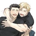  2boys ao_isami artist_request black_hair blonde_hair couple facial_hair happy heads_together hug hug_from_behind lewis_smith male_focus multiple_boys pectorals shirt sideburns_stubble stubble t-shirt thick_eyebrows unfinished upper_body yaoi yuuki_bakuhatsu_bang_bravern 