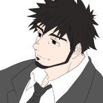  1boy bara beard black_hair empty_eyes facial_hair flat_color fugur6_fugur9 full_beard half-closed_eyes light_smile looking_ahead male_focus mature_male necktie original portrait short_hair solo suit thick_eyebrows 