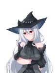  1girl arknights ascot bare_shoulders black_ascot black_gloves commentary gloves grey_hair hair_between_eyes hat highres long_hair looking_at_viewer neko_reina red_eyes signature simple_background skadi_(arknights) solo upper_body very_long_hair white_background witch_hat 