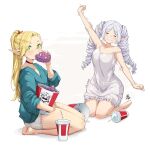  2girls aqua_shirt arm_up bare_legs barefoot blonde_hair braid breasts closed_eyes commentary cup disposable_cup drill_hair dungeon_meshi eating elf english_commentary food frieren green_eyes hair_ribbon holding holding_food jk_arts legs long_hair marcille_donato motion_lines multiple_girls nightgown pointy_ears ponytail red_ribbon ribbon senshi_(dungeon_meshi) shirt shorts side_braid sleepy soles sousou_no_frieren strap_slip stretching twin_drills twitter_username white_nightgown white_shorts 