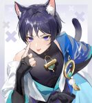  1boy :p animal_ears arm_armor arm_up artist_name bananakeki bangs bare_shoulders belt black_belt black_bow black_shirt blue_vest bow cat_ears cat_tail closed_mouth gem genshin_impact gold green_gemstone hand_up highres jewelry looking_at_viewer male_focus mandarin_collar necklace no_headwear official_alternate_costume open_clothes open_vest pom_pom_(clothes) purple_eyes scaramouche_(genshin_impact) shirt short_hair short_sleeves simple_background sitting sleeveless sleeveless_shirt solo tail tongue tongue_out two-tone_vest v-shaped_eyebrows vest vision_(genshin_impact) wanderer_(genshin_impact) white_background white_vest 
