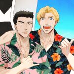  2boys :d alternate_costume ao_isami arm_around_shoulder artist_request black_hair blonde_hair couple facial_hair hawaiian_shirt highres lewis_smith looking_at_viewer male_focus multiple_boys pectoral_cleavage pectorals shirt sideburns_stubble smile stubble thick_eyebrows upper_body w yaoi yuuki_bakuhatsu_bang_bravern 