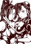  blush bracelet breast_press breasts chun-li cleavage delarocha82 double_bun hair_bun high_collar highres jewelry monochrome ninja ponytail pursed_lips shiranui_mai simple_background spiked_bracelet spikes standing symmetrical_docking the_king_of_fighters 