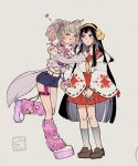 2girls amaterasu_(housamo) ame_no_uzume_(housamo) bag bikini black_eyes black_hair blonde_hair blunt_sidelocks blush bow brown_background choker closed_eyes commentary_request e_fr0nt fang flower full_body fur-trimmed_legwear fur_trim garter_straps gradient_hair hair_flower hair_ornament hair_tubes hairband heart heart-shaped_ornament highres japanese_clothes leg_warmers loafers long_hair looking_at_another multicolored_hair multiple_girls neckerchief open_mouth own_hands_together pink_bikini pink_garter_straps pink_hair pink_leg_warmers pink_shirt pleated_skirt rabbit_hair_ornament red_skirt shirt shoe_soles shoes shorts shoulder_bag signature simple_background skin_fang skirt smile standing swimsuit tokyo_afterschool_summoners twintails v-shaped_eyebrows very_long_hair yellow_bow yellow_hairband yellow_neckerchief 