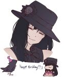  1other alternate_costume androgynous bare_shoulders bird black_gloves black_hair black_hat closed_eyes closed_mouth crow elbow_gloves fingerless_gloves gloves guilty_gear guilty_gear_strive happy_birthday hat_ornament highres long_hair looking_at_viewer mil17459623 other_focus skull skull_hat_ornament smile testament_(guilty_gear) upper_body 
