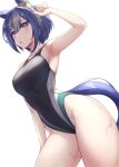  1girl alternate_costume animal_ears arm_up armpits black_one-piece_swimsuit blue_hair blush breasts cesario_(umamusume) commentary_request cowboy_shot ear_ornament hair_between_eyes highleg highleg_swimsuit highres horse_ears horse_girl horse_tail looking_at_viewer medium_breasts multicolored_hair one-piece_swimsuit pataneet purple_eyes simple_background solo streaked_hair sweat swimsuit tail umamusume white_background white_hair 