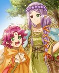  2girls :d basket closed_mouth commentary dress facial_mark fae_(fire_emblem) fire_emblem fire_emblem:_the_binding_blade fire_emblem_heroes forehead_mark green_eyes heterochromia holding holding_basket idunn_(divine_demon)_(fire_emblem) idunn_(fire_emblem) long_hair multiple_girls official_alternate_costume open_mouth pink_hair pochi_(furaigonn) pointy_ears purple_hair red_eyes short_hair smile symbol-only_commentary tree twitter_username 