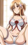  1girl ass_visible_through_thighs asuna_(sao) asymmetrical_bangs babydoll bangs bed_sheet blurry blurry_background braid breasts breasts_apart bridal_garter brown_eyes brown_hair closed_mouth collarbone commentary_request hair_between_eyes hair_ornament large_breasts lingerie looking_at_viewer m_legs navel neck_ribbon panties red_ribbon ribbon sanada_sei short_ponytail smile solo spread_legs sword_art_online underwear white_babydoll white_panties 