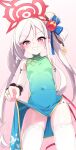  1girl absurdres bare_shoulders blue_archive blush breasts chawan_(yultutari) china_dress chinese_clothes dress green_dress grin halo highres long_hair looking_at_viewer mutsuki_(blue_archive) pointy_ears purple_eyes small_breasts smile solo swept_bangs white_hair 