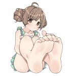  1girl aa211108 ahoge ass bare_legs bare_shoulders barefoot blunt_bangs blush braid braided_bun brown_eyes brown_hair collarbone dot_mouth dot_nose double_bun eyelashes feet foot_focus hair_bun hakozaki_serika hugging_own_legs idolmaster idolmaster_million_live! idolmaster_million_live!_theater_days looking_at_viewer official_alternate_hairstyle one-piece_swimsuit parted_bangs polka_dot polka_dot_swimsuit sidelocks simple_background sitting solo swimsuit white_background 