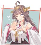  1girl ahoge alakoala bare_shoulders blue_background blush breasts brown_hair detached_sleeves double_bun hair_bun hairband hakama hakama_skirt headgear heart heart_hands japanese_clothes kantai_collection kongou_(kancolle) kongou_kai_ni_(kancolle) large_breasts long_hair looking_at_viewer nontraditional_miko open_mouth popped_collar purple_eyes ribbon-trimmed_sleeves ribbon_trim skirt smile solo upper_body white_background 