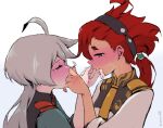  2girls ahoge asticassia_school_uniform biting blush finger_biting full-face_blush green_eyes grey_eyes grey_hair gundam gundam_suisei_no_majo hairband half-closed_eyes long_hair miorine_rembran multiple_girls mutual_biting necktie ponytail red_hair school_uniform simple_background suletta_mercury sweat teeth thick_eyebrows upper_body upper_teeth you_ing yuri 